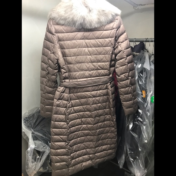 Tahari down Belted Faux-FurCollar Down,truffle,NWT - Picture 5 of 8